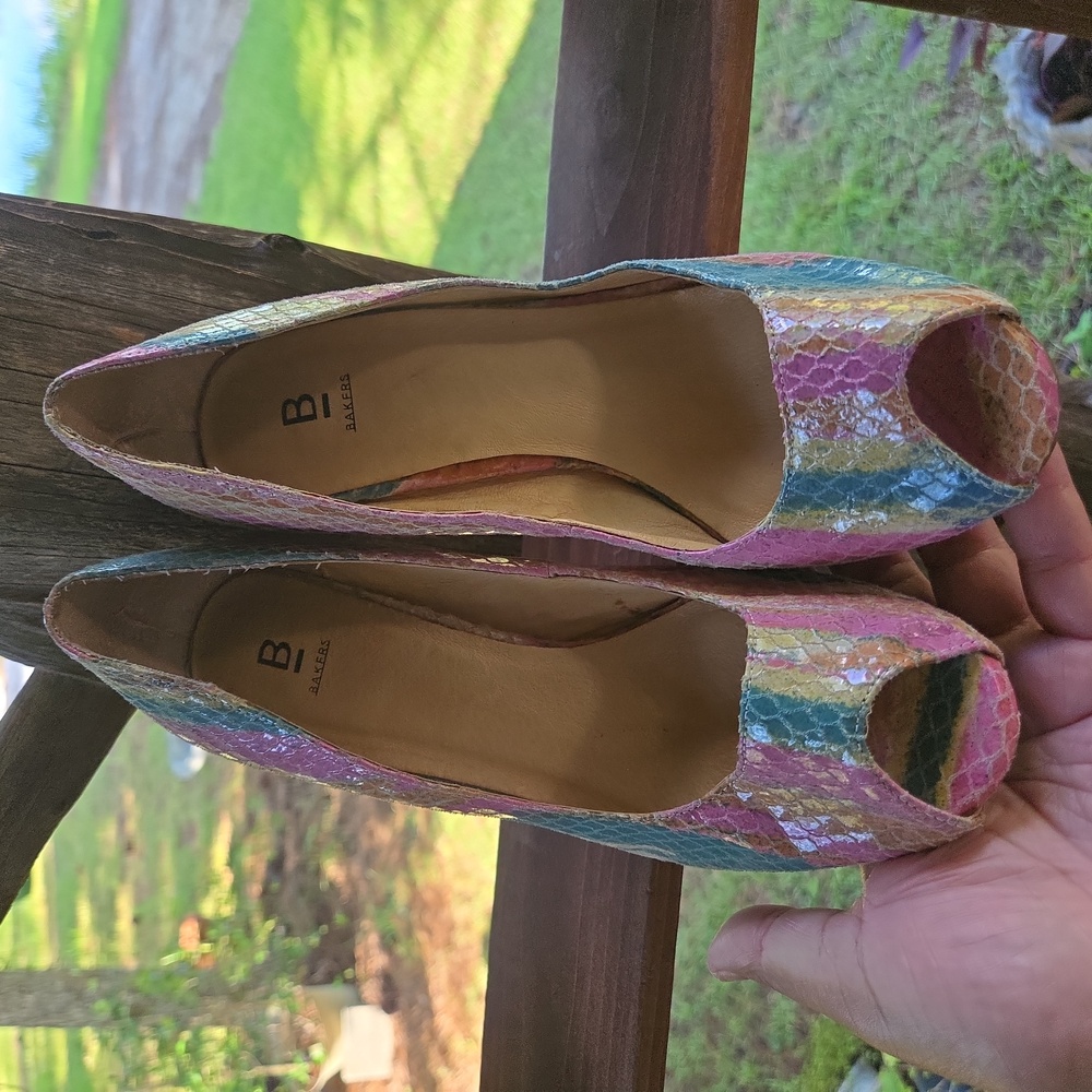 Baker's Princess Pastel Pink And Blue Snakeskin Leather Peep Toe High Heel - Picture 5 of 13
